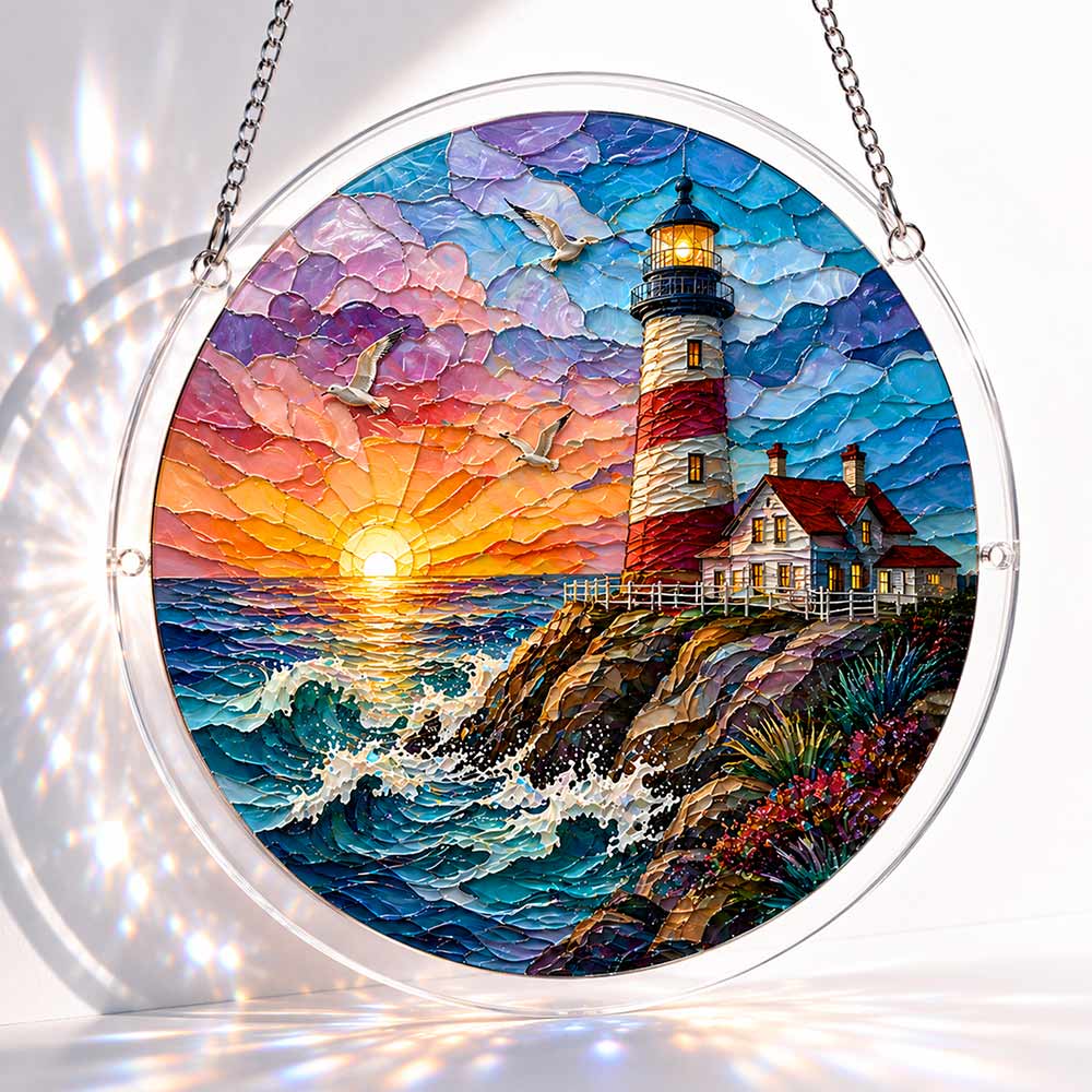 Acrylic Jigsaw Puzzle Suncatcher - Sunset Lighthouse