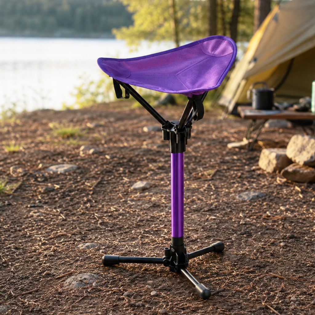 QuickSit Air Seat in purple at a campsite