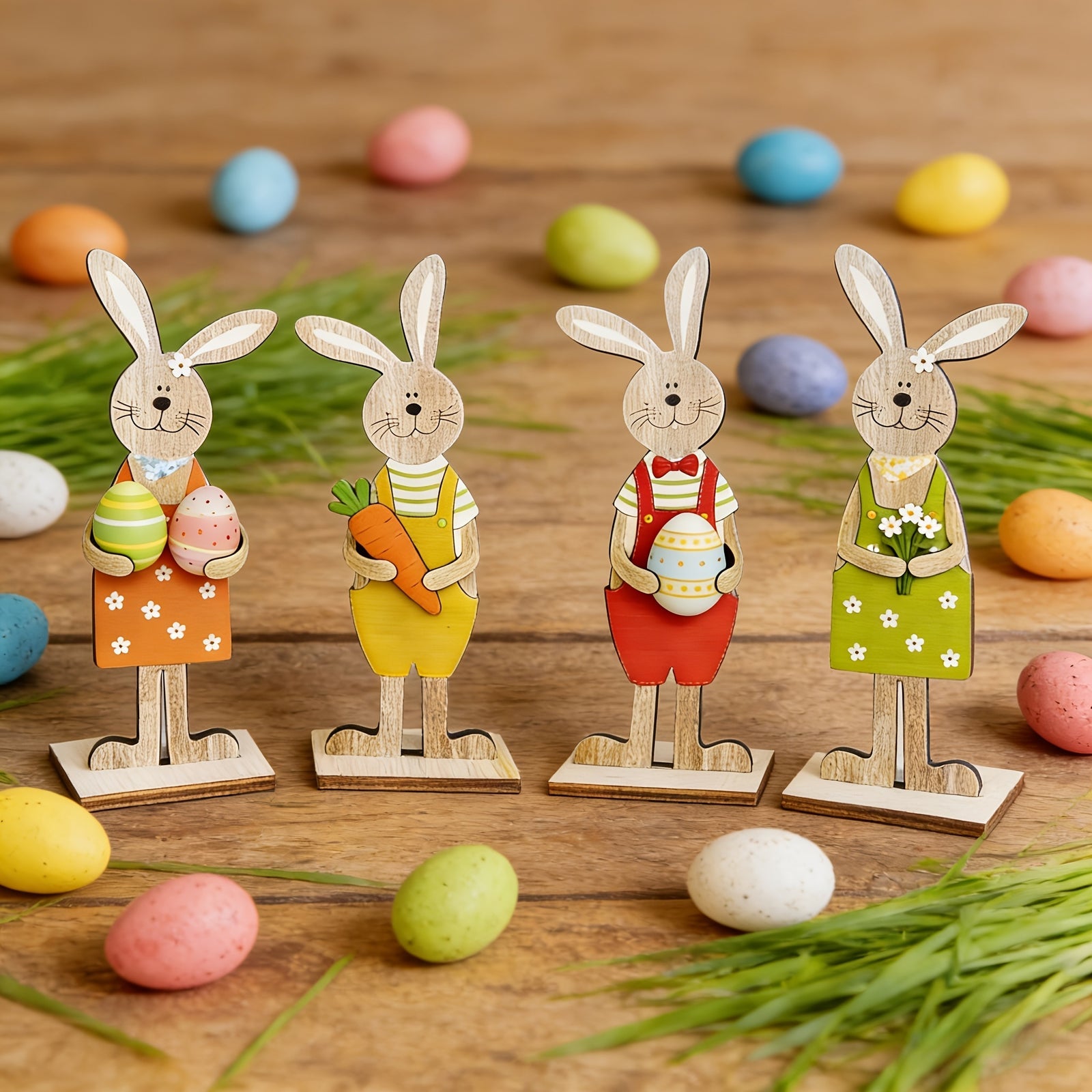 Set of four handmade wooden Easter bunnies